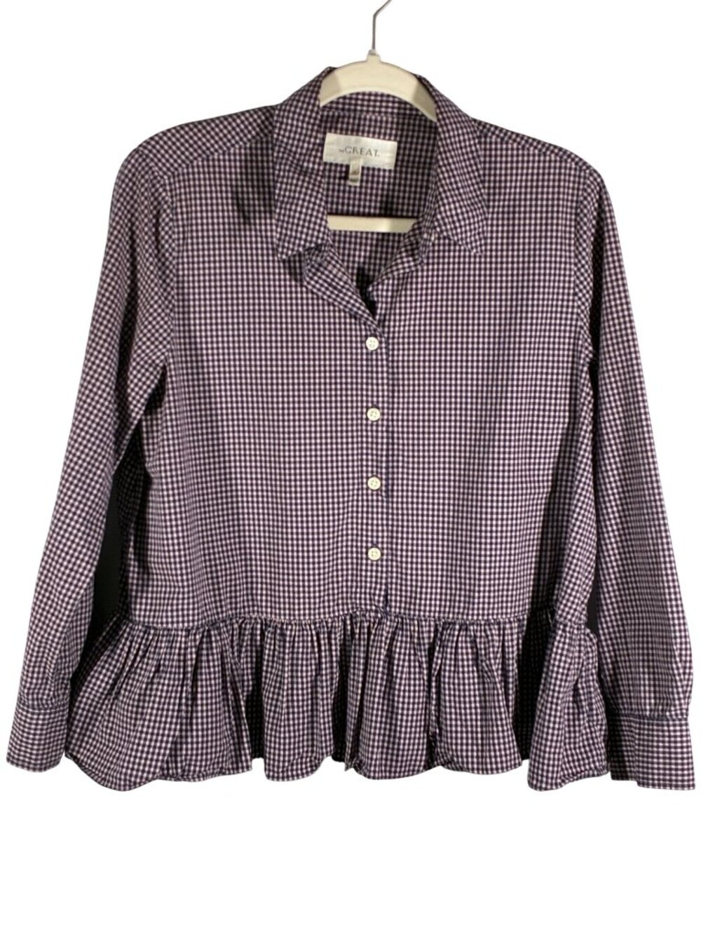 The Great Gingham Ruffle Hem Long Sleeve Button-Up Shirt designer Size 2 US M